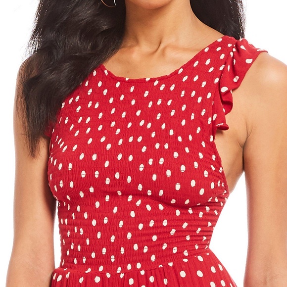 Free People Red Polka Dot Smocked Midi Dress - Picture 4 of 6